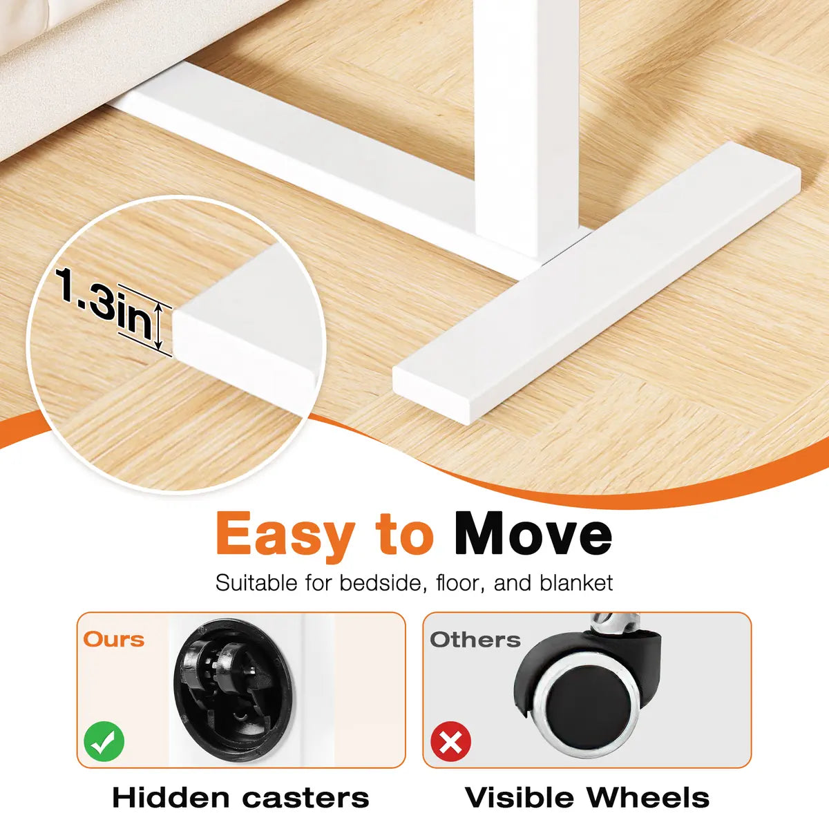 Modern L-Shaped Bedside Table with Wheels – Adjustable Height Mobile Laptop Workstation for Home & Bedroom
