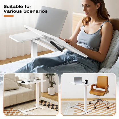 Modern L-Shaped Bedside Table with Wheels – Adjustable Height Mobile Laptop Workstation for Home & Bedroom